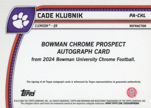 2024 Bowman Chrome University Prospect Autographs Stealth Refractors #PACKL Cade Klubnik back image