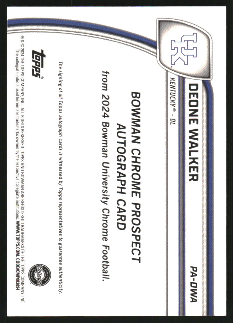 2024 Bowman Chrome University Prospect Autographs Black and Gold Stealth Refractors #PADWA Deone Walker Auto /24