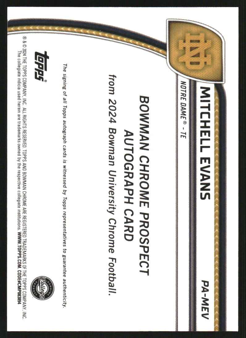 2024 Bowman Chrome University Prospect Autographs Black and Gold Stealth Refractors #PAMEV Mitchell Evans Auto /24