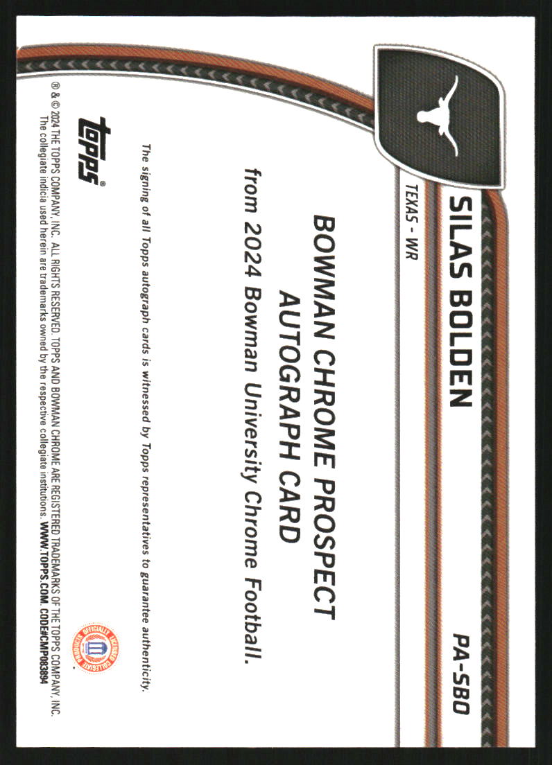 2024 Bowman Chrome University Prospect Autographs Gold Shimmer Refractors #PASBO Silas Bolden Auto /50