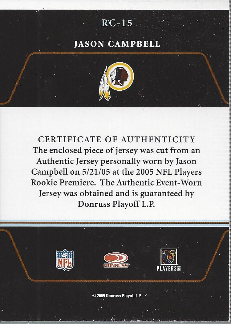 2005 Zenith Rookie Roll Call Jerseys #RC15 Jason Campbell back image