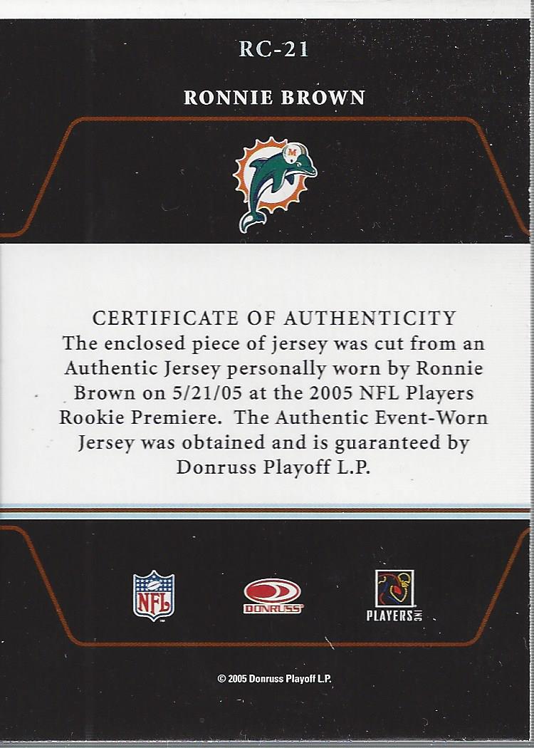 2005 Zenith Rookie Roll Call Jerseys #RC21 Ronnie Brown back image