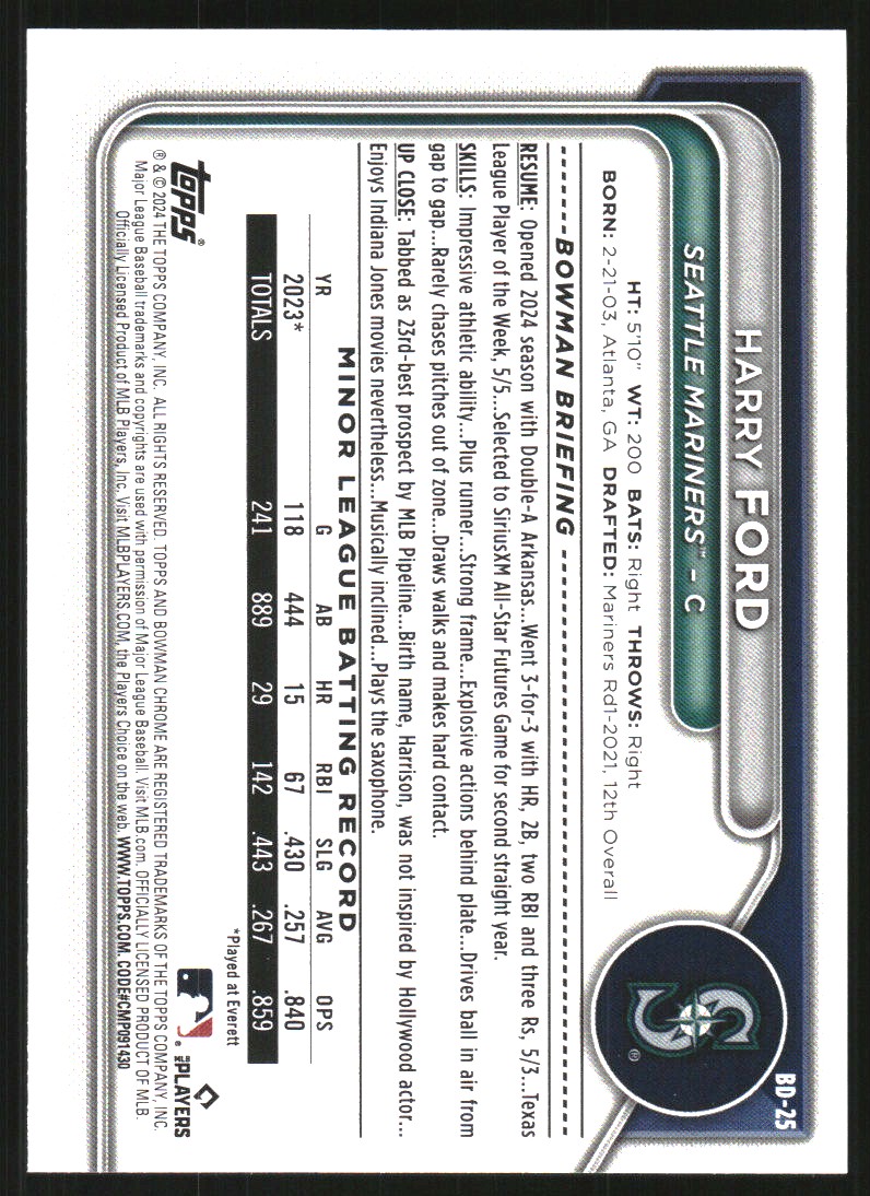 2024 Bowman Draft Sky Blue #BD25 Harry Ford