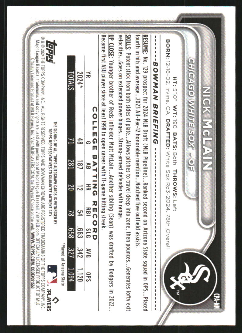 2024 Bowman Chrome Draft Autographs HTA Choice Refractors #CPANM Nick McLain Auto /150