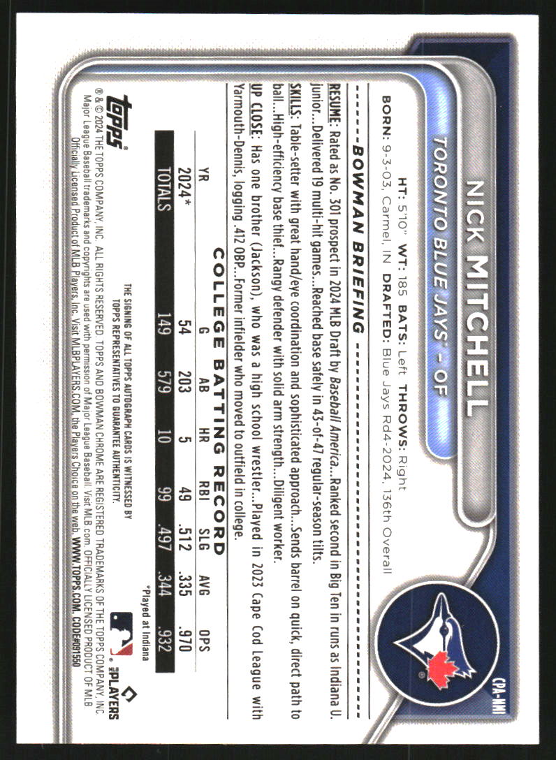 2024 Bowman Chrome Draft Autographs HTA Choice Refractors #CPANMI Nick Mitchell Auto /150