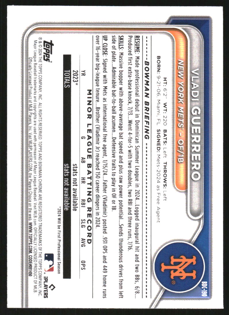 2024 Bowman Chrome Draft Purple Refractors #BDC190 Vladi Guerrero