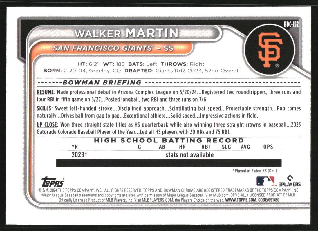 2024 Bowman Chrome Draft Sparkle Refractors #BDC152 Walker Martin