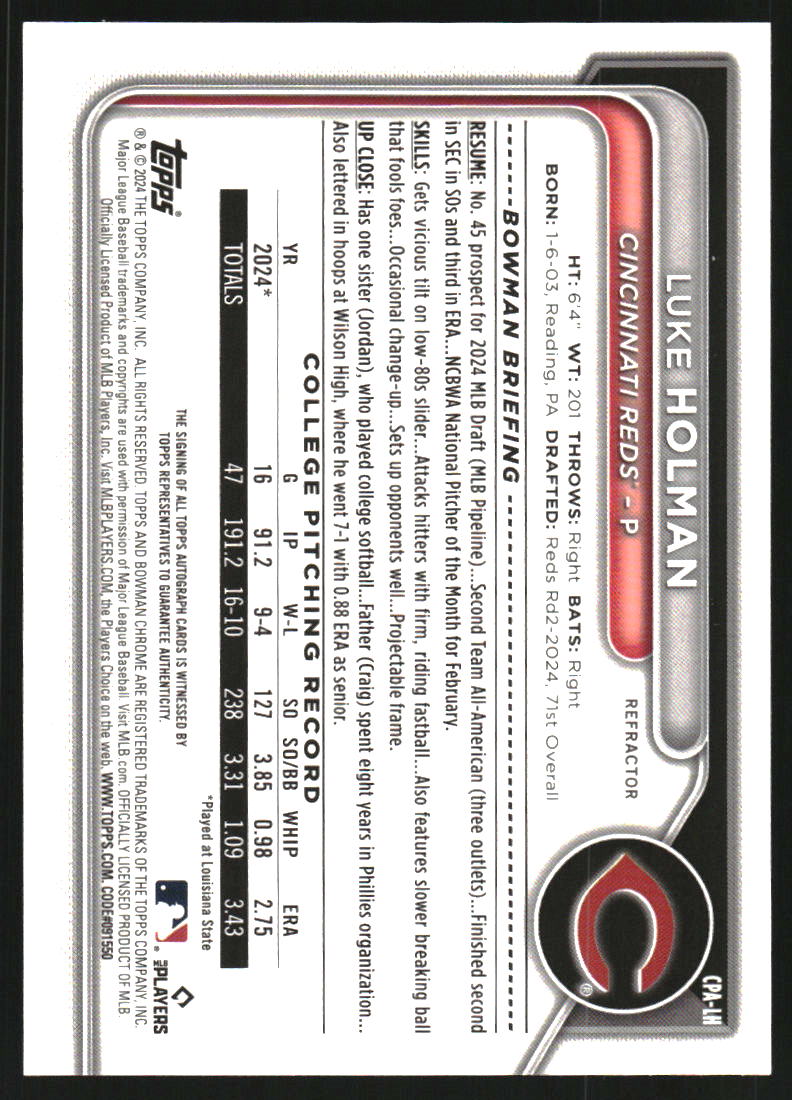 2024 Bowman Chrome Draft Autographs Refractors #CPALH Luke Holman Auto /499