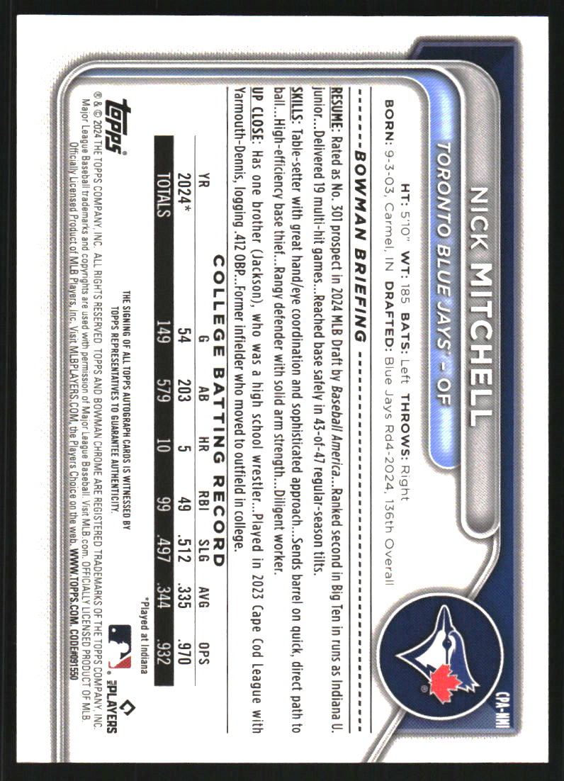 2024 Bowman Chrome Draft Autographs Purple Refractors #CPANMI Nick Mitchell Auto /250