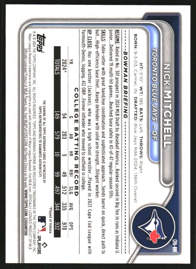 2024 Bowman Chrome Draft Autographs Aqua Lava Refractors #CPANMI Nick Mitchell Auto /199