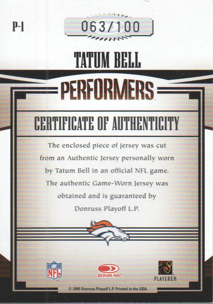 2005 Donruss Gridiron Gear Performers Jerseys Jumbo Swatch #1 Tatum Bell/100 back image