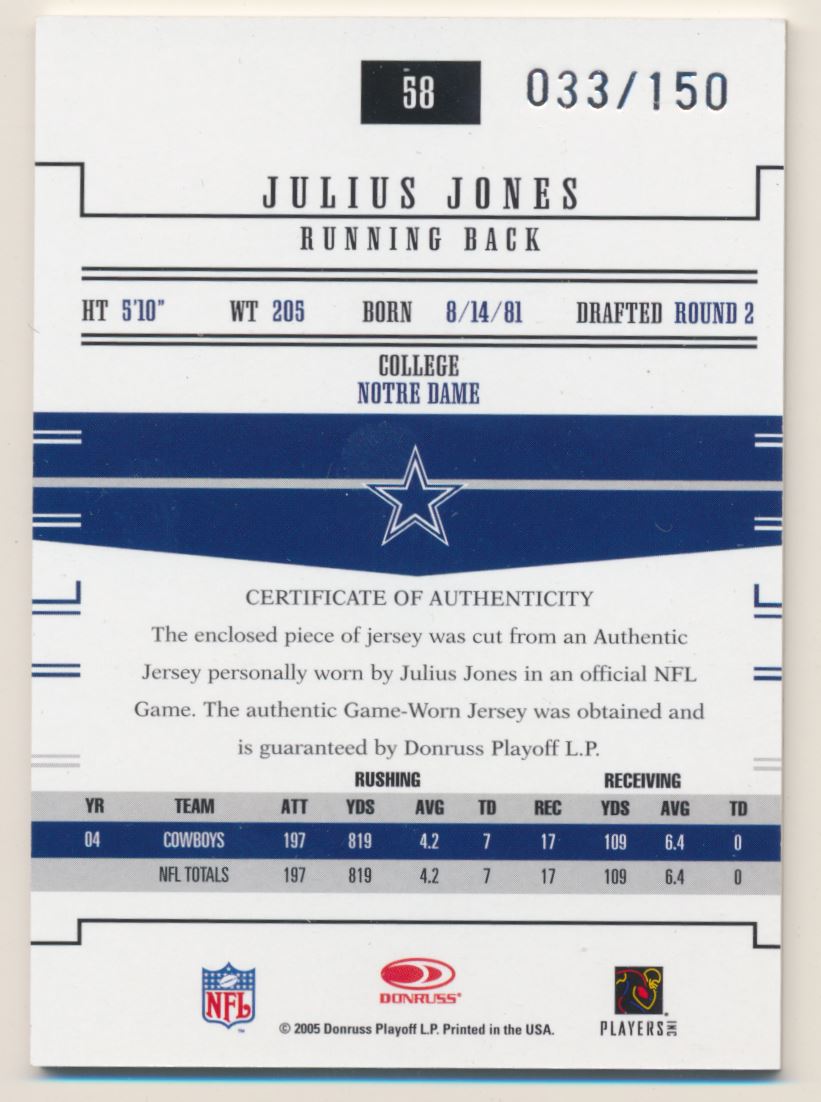 2005 Donruss Gridiron Gear Jerseys #58 Julius Jones back image