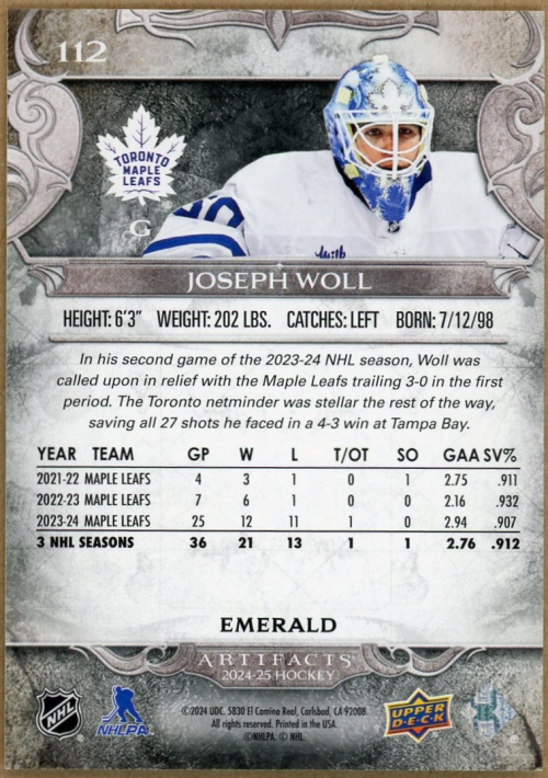 2024-25 Artifacts Emerald #112 Joseph Woll back image