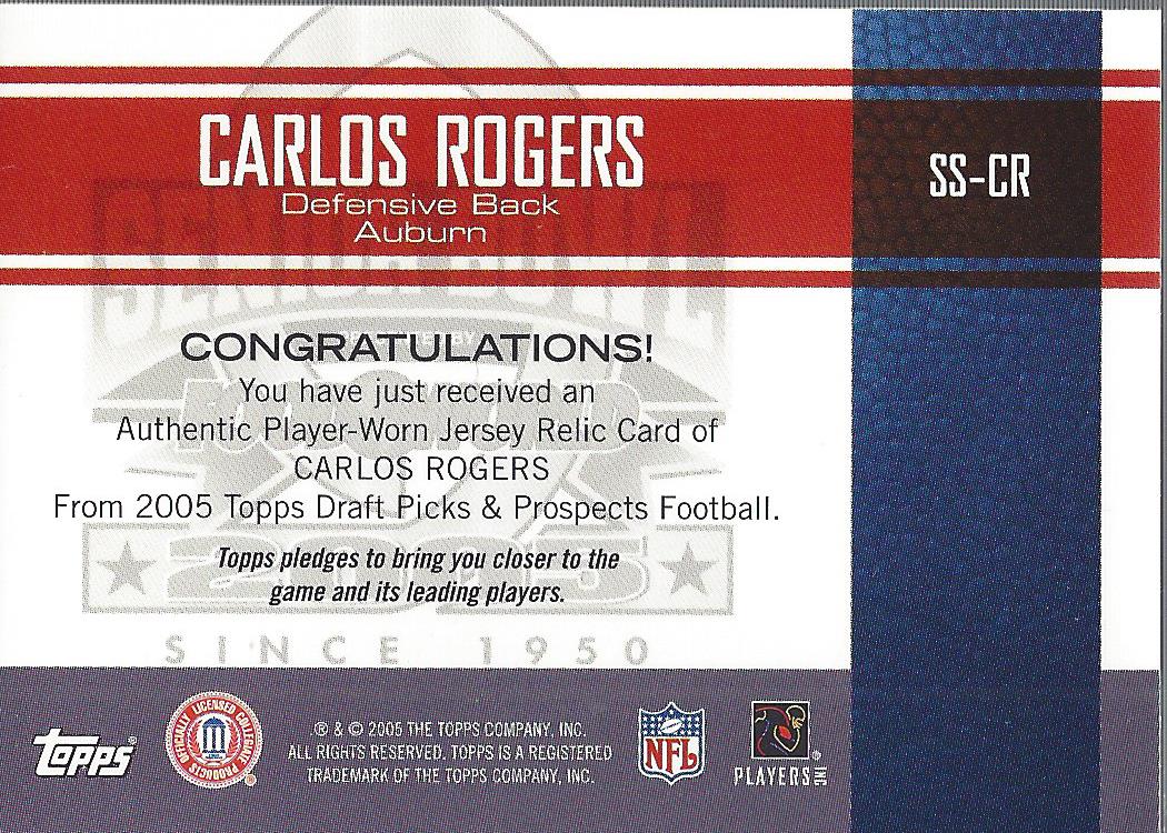 2005 Topps Draft Picks and Prospects Senior Standout Jersey #SSCR Carlos Rogers SB D back image