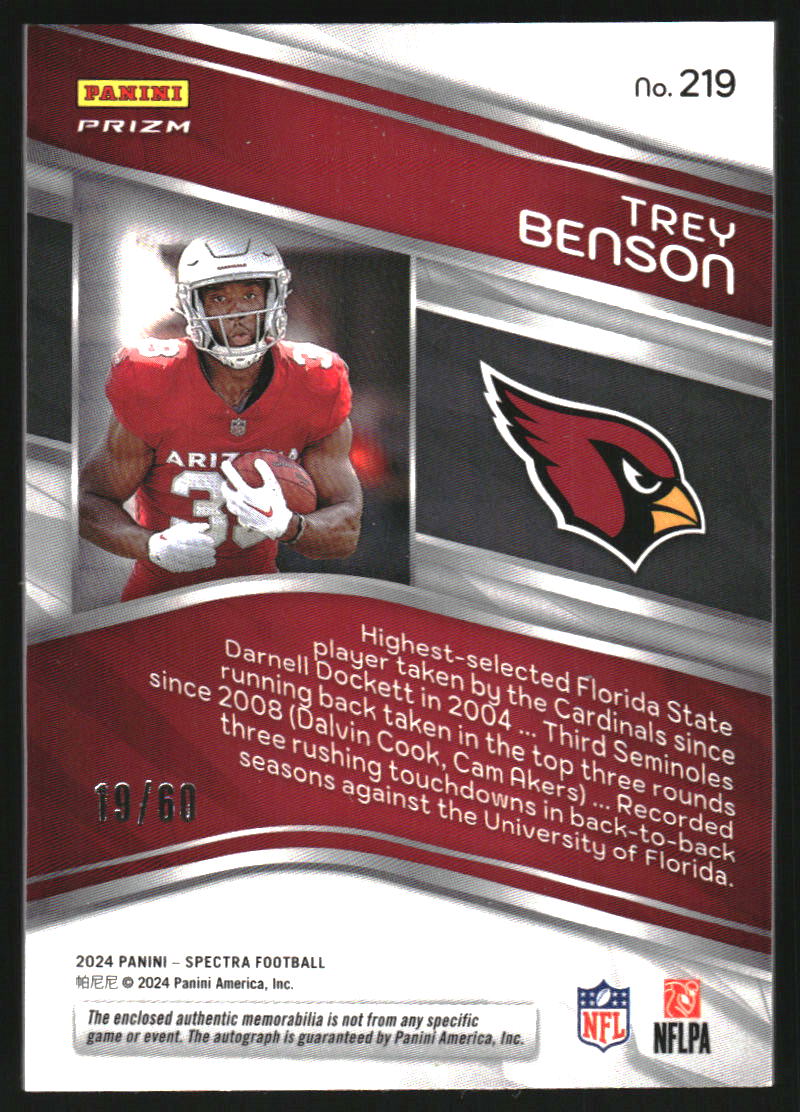 2024 Panini Spectra Hyper #219 Trey Benson Auto Jersey /60
