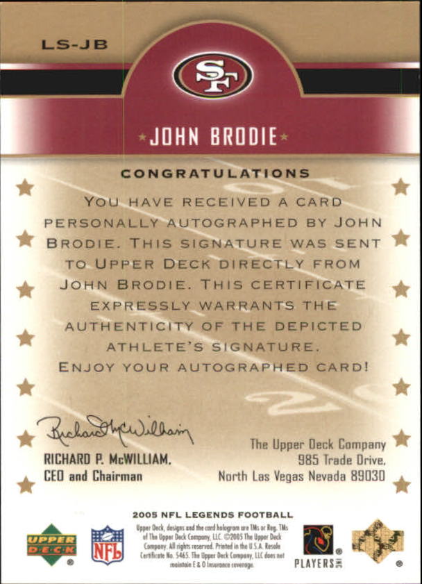 2005 Upper Deck Legends Legendary Signatures #JB John Brodie back image