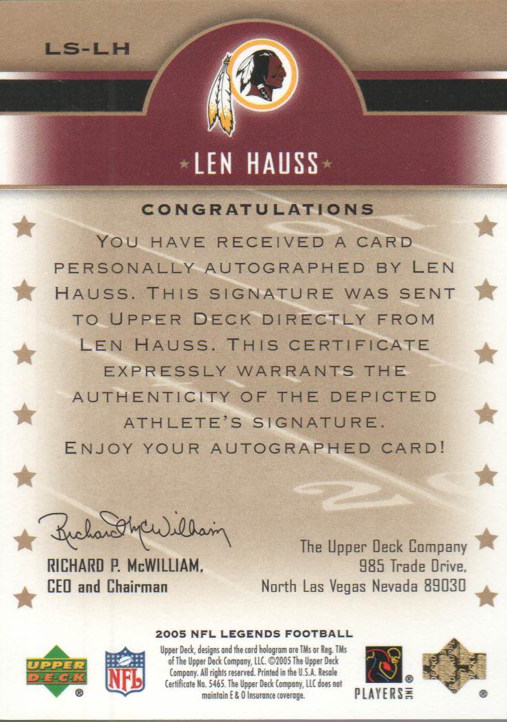 2005 Upper Deck Legends Legendary Signatures #LH Len Hauss back image