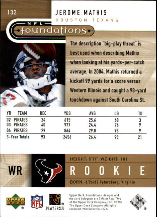 2005 Upper Deck Foundations Exclusive Gold #132 Jerome Mathis back image