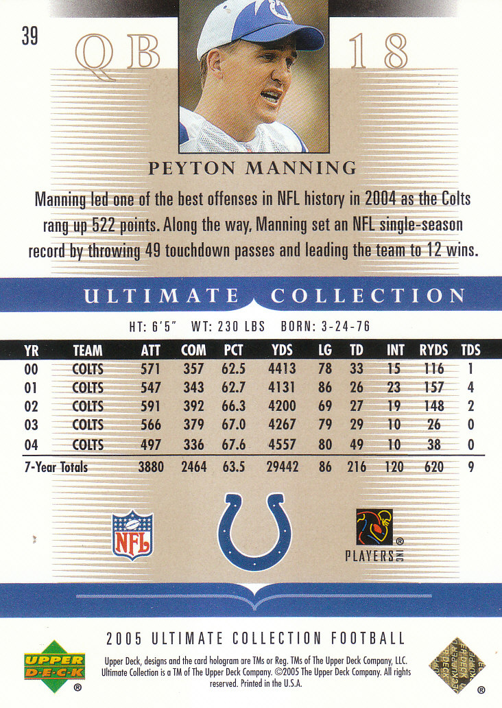 Tarjetas "conjunto principal" de fútbol americano Ultimate Collection 2005 (mazo superior) #2 a #289 - Imagen 67 de 301