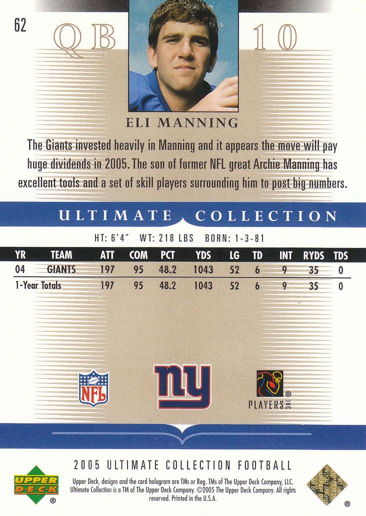 Tarjetas "conjunto principal" de fútbol americano Ultimate Collection 2005 (mazo superior) #2 a #289 - Imagen 99 de 301