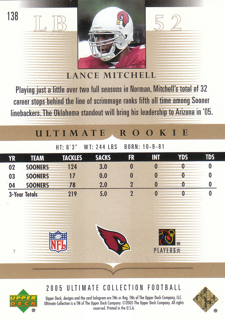 Tarjetas "conjunto principal" de fútbol americano Ultimate Collection 2005 (mazo superior) #2 a #289 - Imagen 199 de 301