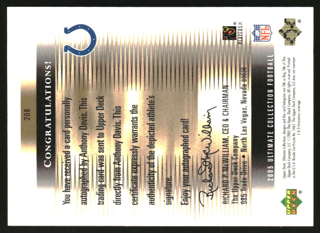 2005 Ultimate Collection #208 Anthony Davis AU RC