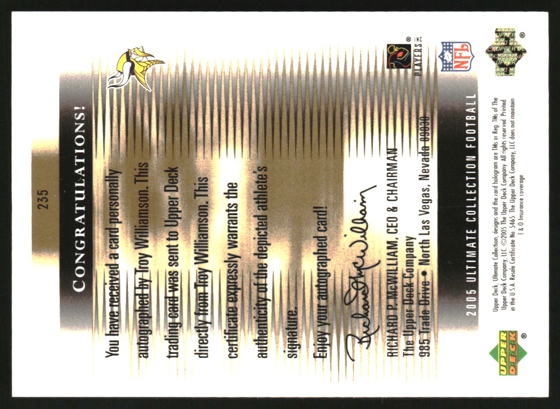 2005 Ultimate Collection #235 Troy Williamson AU/120 RC