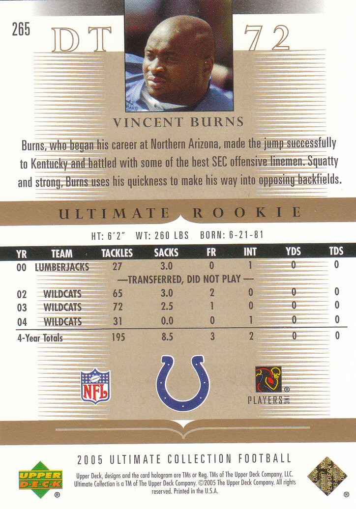 Tarjetas "conjunto principal" de fútbol americano Ultimate Collection 2005 (mazo superior) #2 a #289 - Imagen 265 de 301