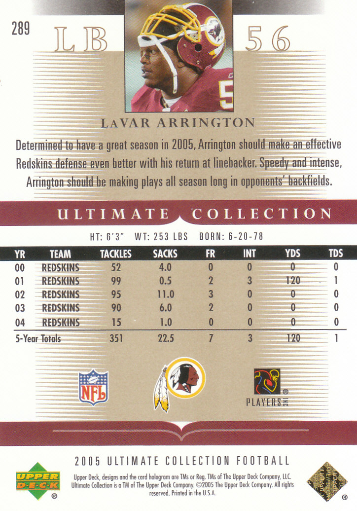 Tarjetas "conjunto principal" de fútbol americano Ultimate Collection 2005 (mazo superior) #2 a #289 - Imagen 301 de 301