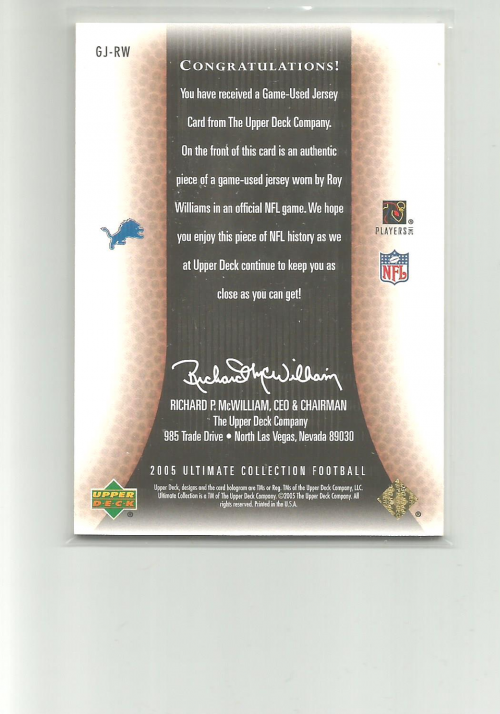 2005 Ultimate Collection Game Jersey Gold #GJRW Roy Williams WR back image