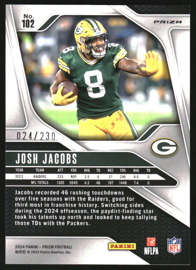 2024 Panini Prizm Prizms Blue Wave #102 Josh Jacobs /230 - NM-MT