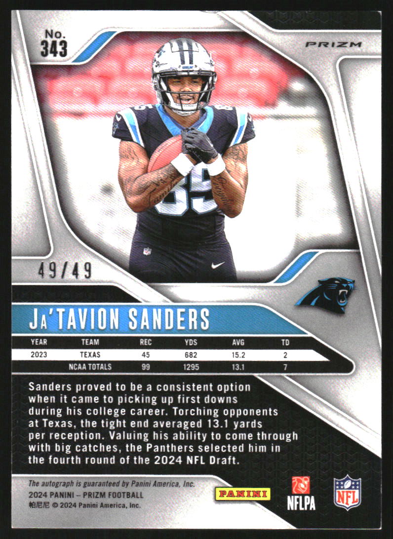 2024 Panini Prizm Autographs Prizms Purple Power #343 Ja'Tavion Sanders Auto /49 - NM-MT