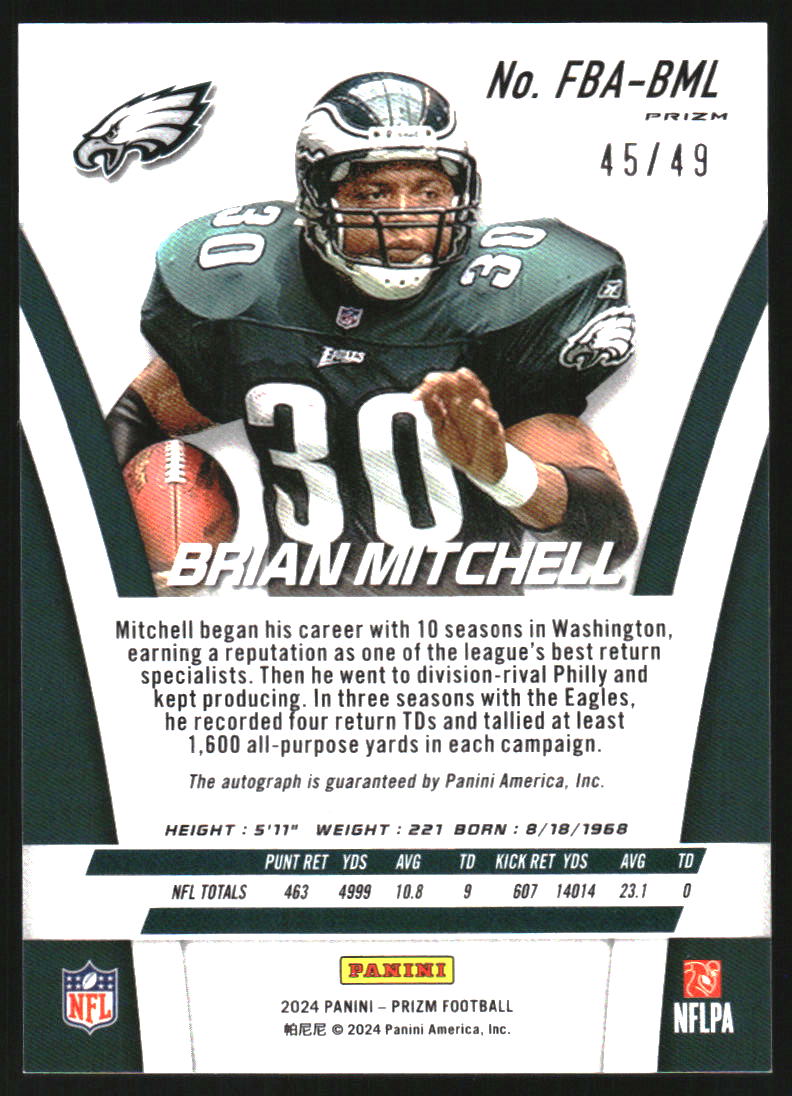 2024 Panini Prizm Flashback Autographs Prizm Purple Power #24 Brian Mitchell Auto /49 - NM-MT