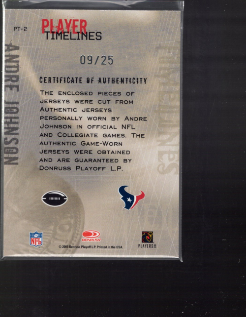 2005 Throwback Threads Player Timelines Dual Material Prime #2 Andre Johnson back image