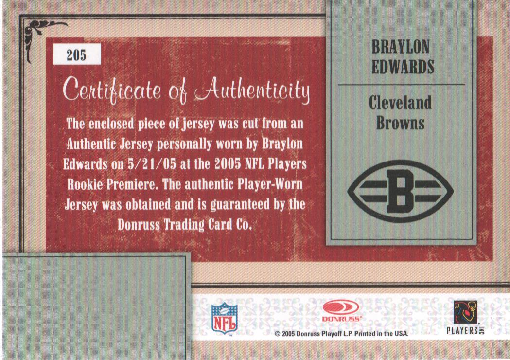 2005 Throwback Threads #205 Braylon Edwards JSY RC back image