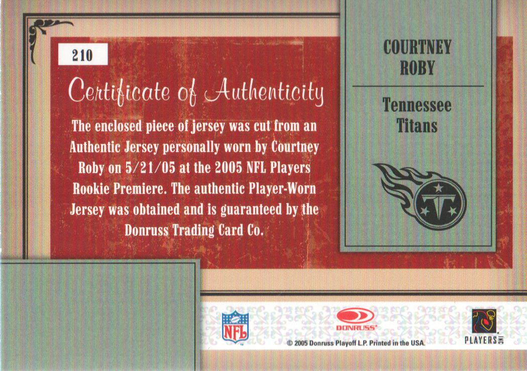 2005 Throwback Threads #210 Courtney Roby JSY RC back image