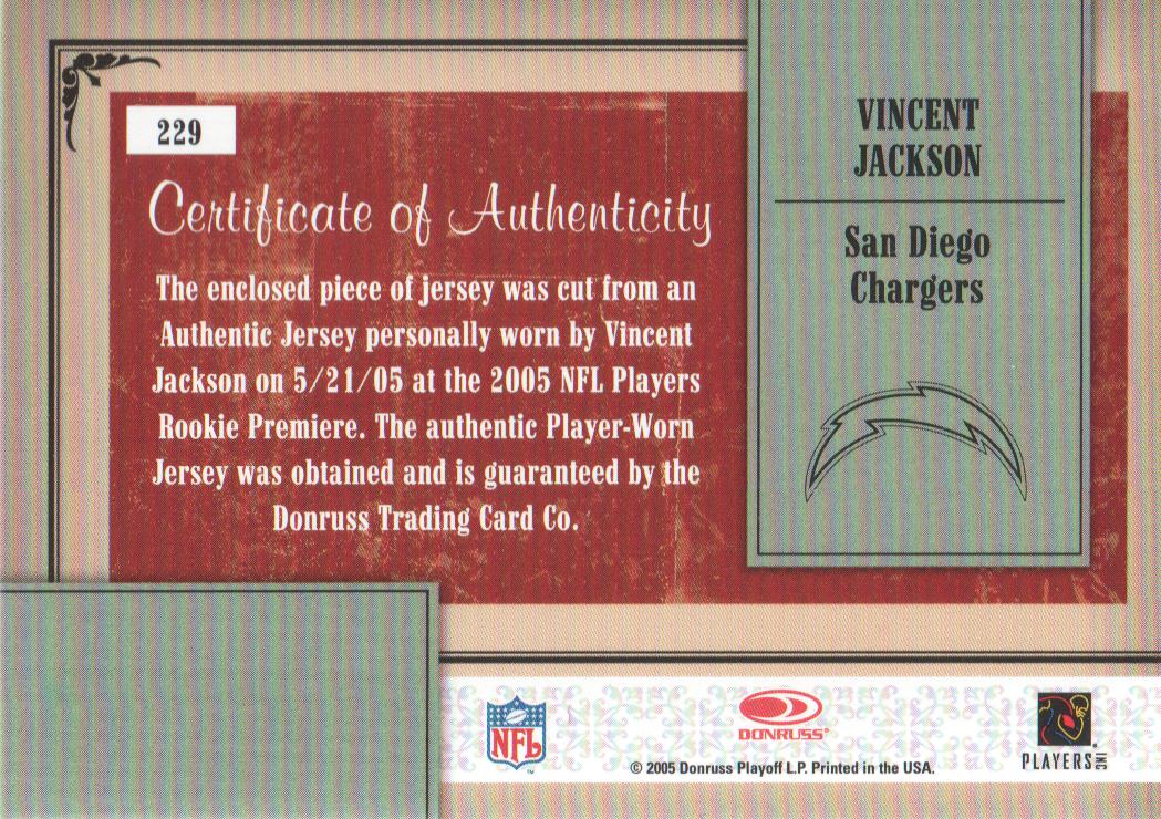 2005 Throwback Threads #229 Vincent Jackson JSY RC back image