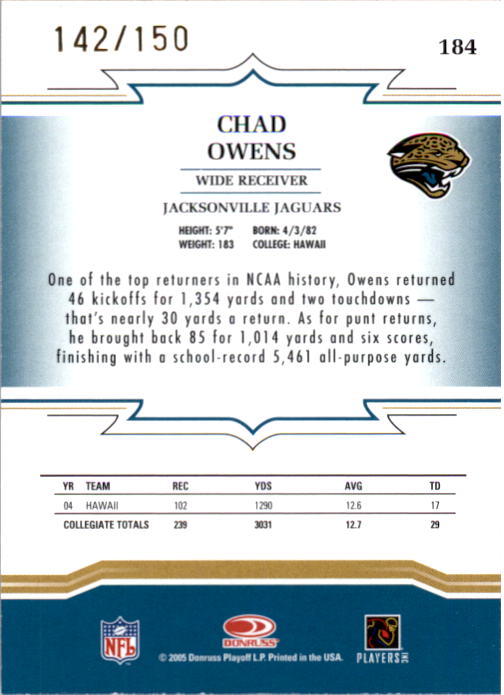 2005 Throwback Threads Bronze Holofoil #184 Chad Owens back image