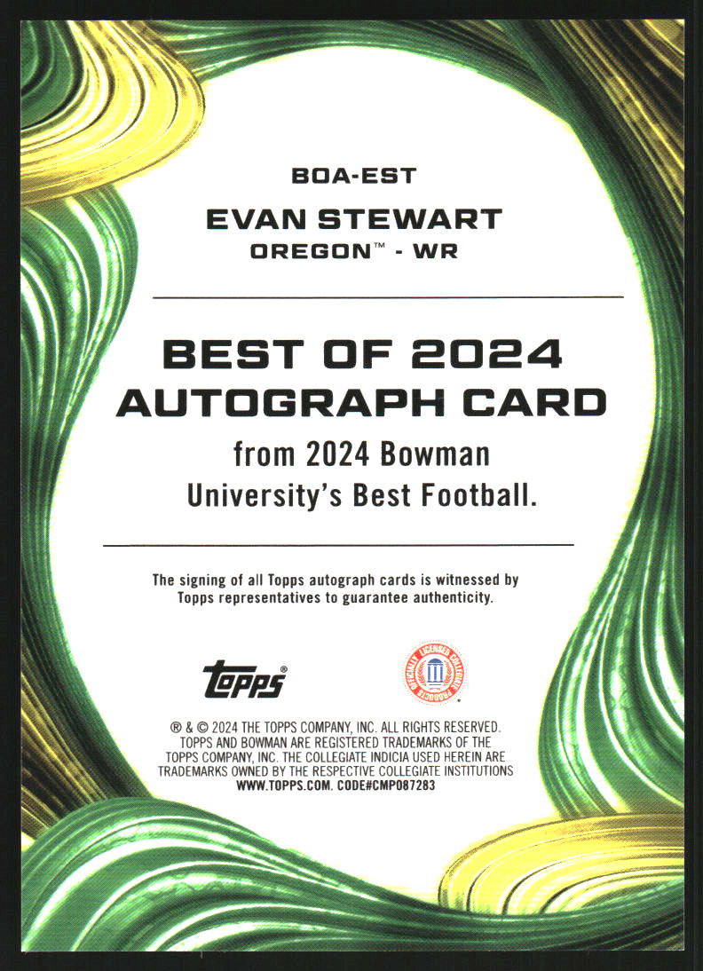 2024 Bowman's Best University Best of '24 Autographs Yellow Refractors #BOAEST Evan Stewart Auto /75