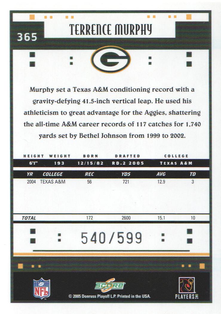 2005 Score Scorecard #365 Terrence Murphy back image