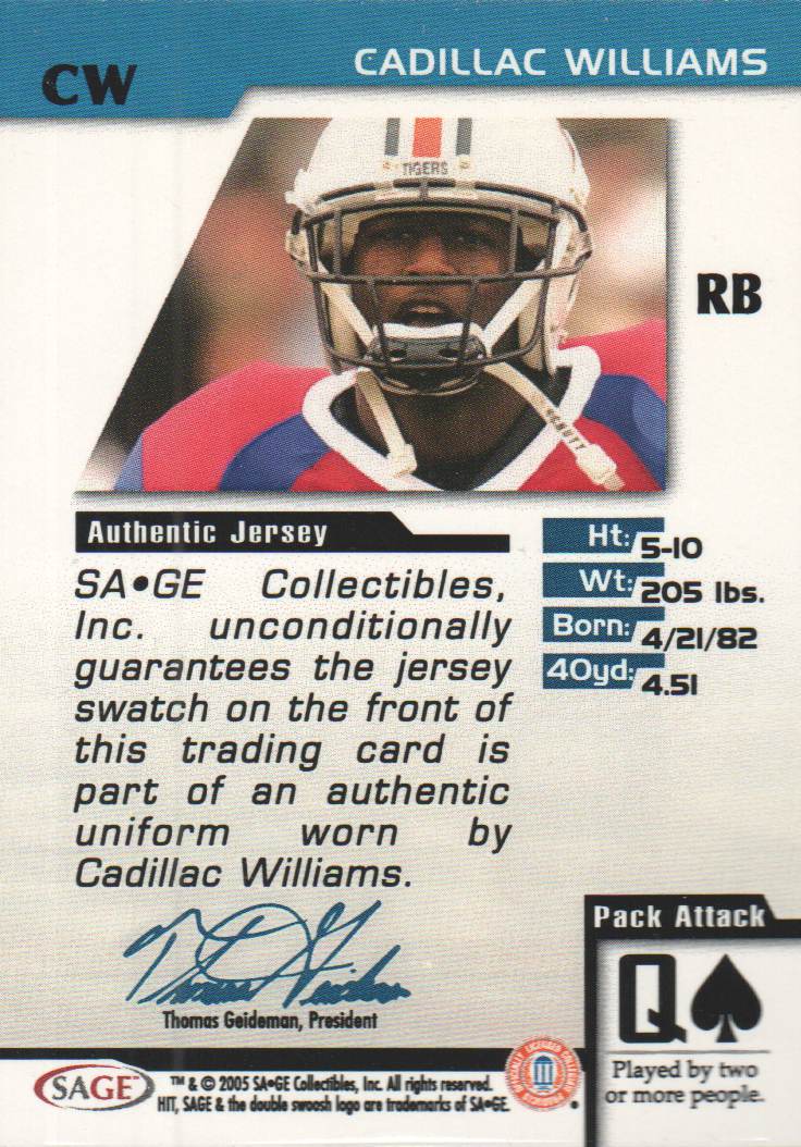 2005 SAGE HIT Jerseys Premium Swatches #CW Cadillac Williams back image