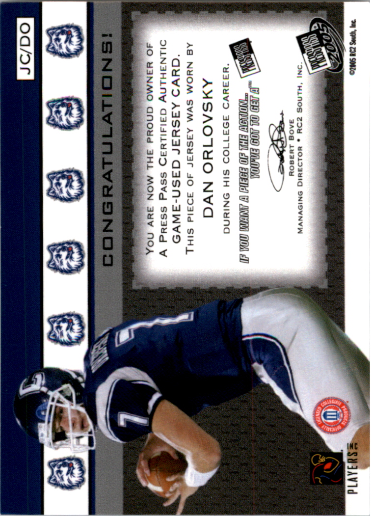 2005 Press Pass Game Used Jerseys Silver #JCDO Dan Orlovsky back image