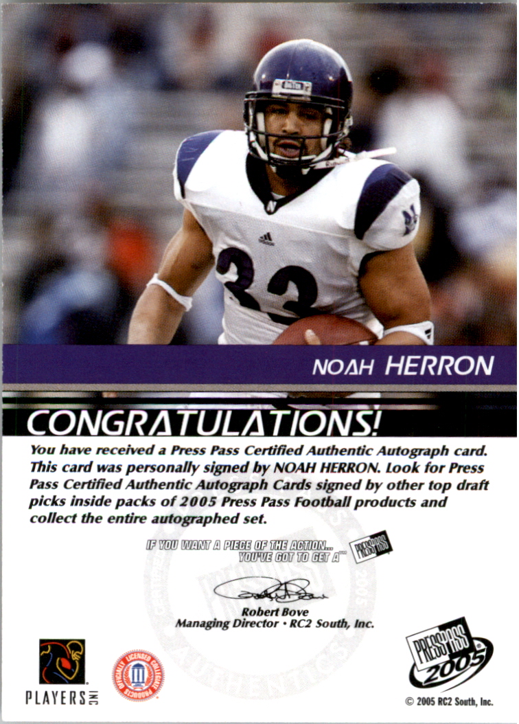 2005 Press Pass Autographs Bronze #30 Noah Herron back image