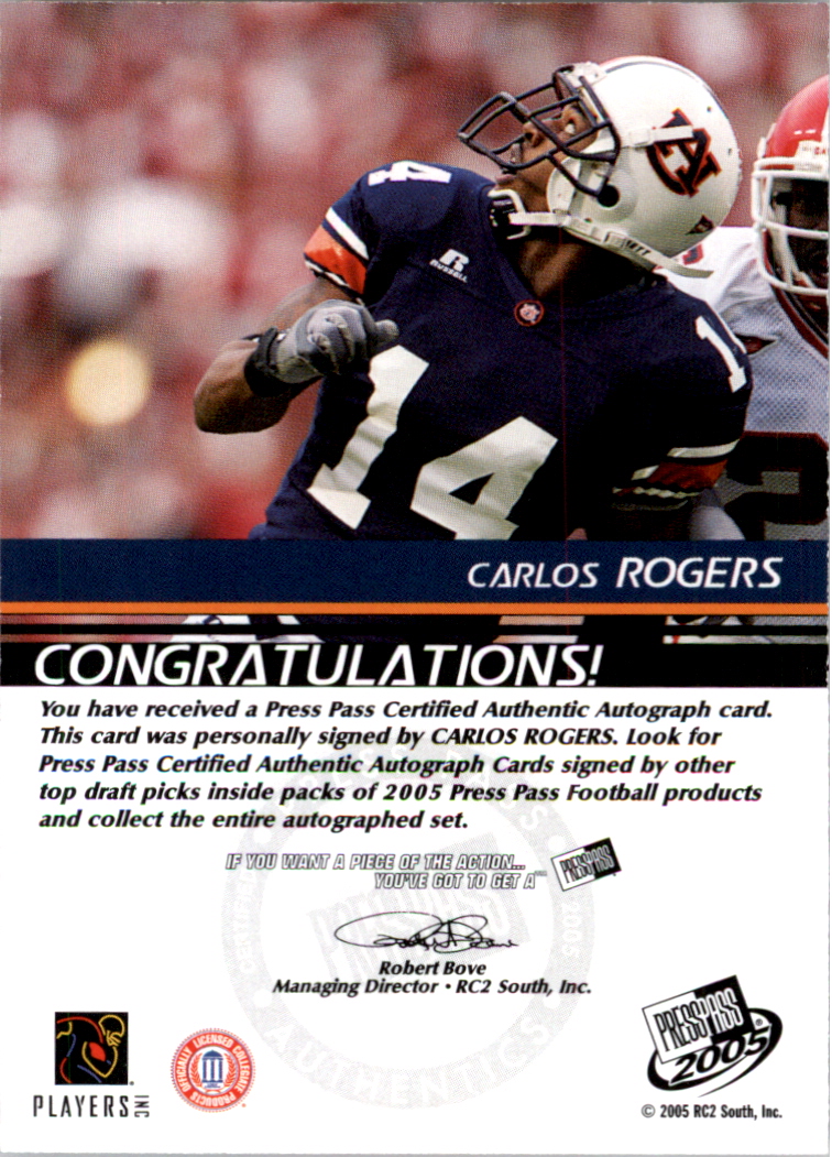 2005 Press Pass Autographs Bronze #45 Carlos Rogers back image