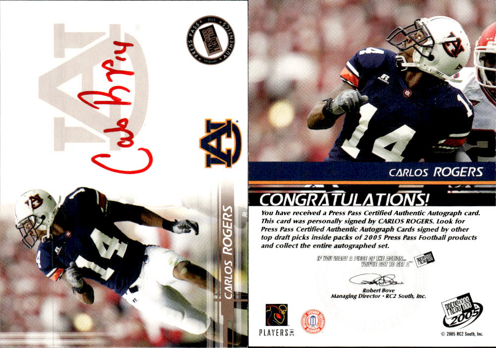 2005 Press Pass Autographs Bronze Red Ink #45 Carlos Rogers/45*
