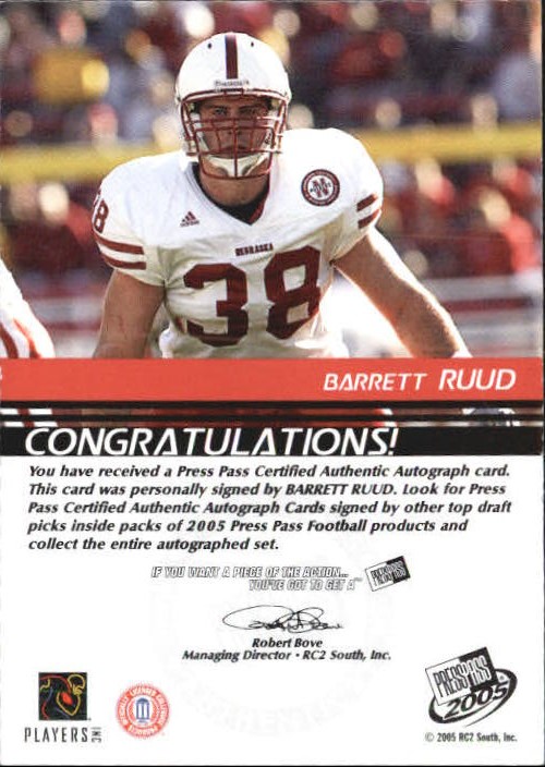 2005 Press Pass Autographs Bronze Red Ink #48 Barrett Ruud/290* back image