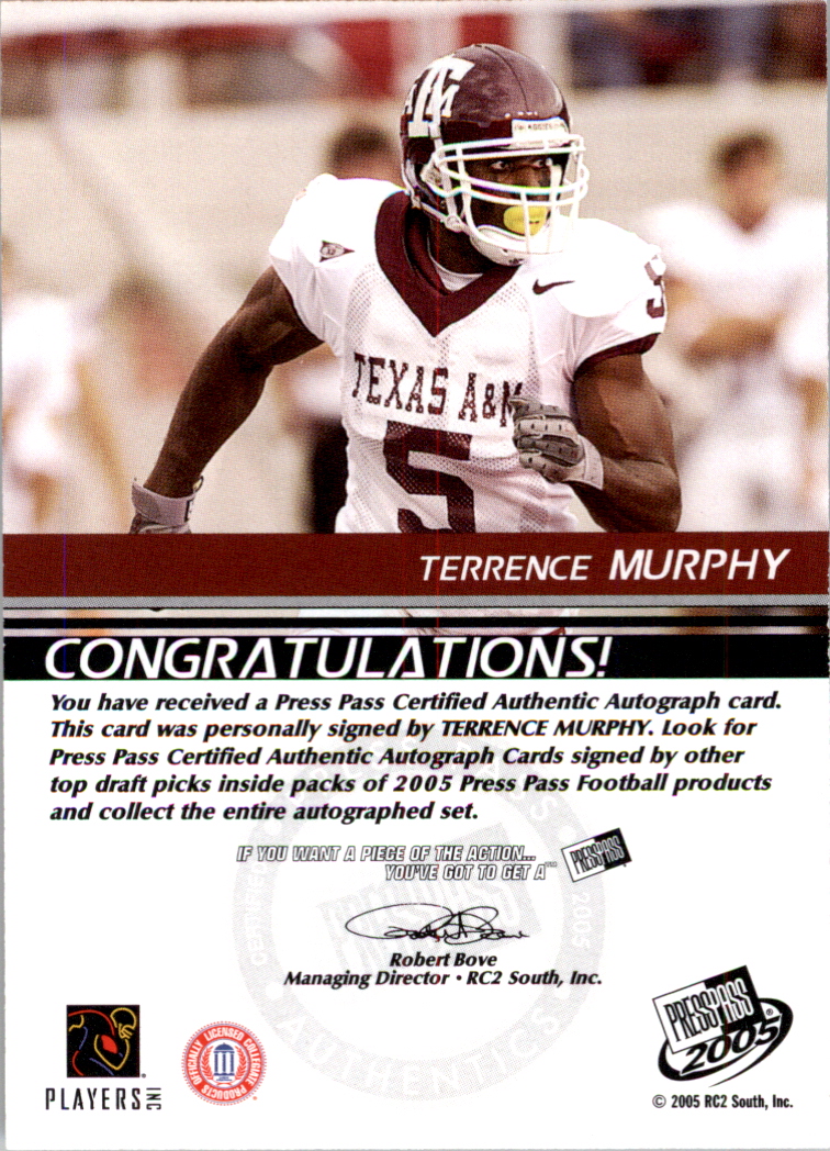 2005 Press Pass Autographs Blue Red Ink #39 Terrence Murphy/3* back image