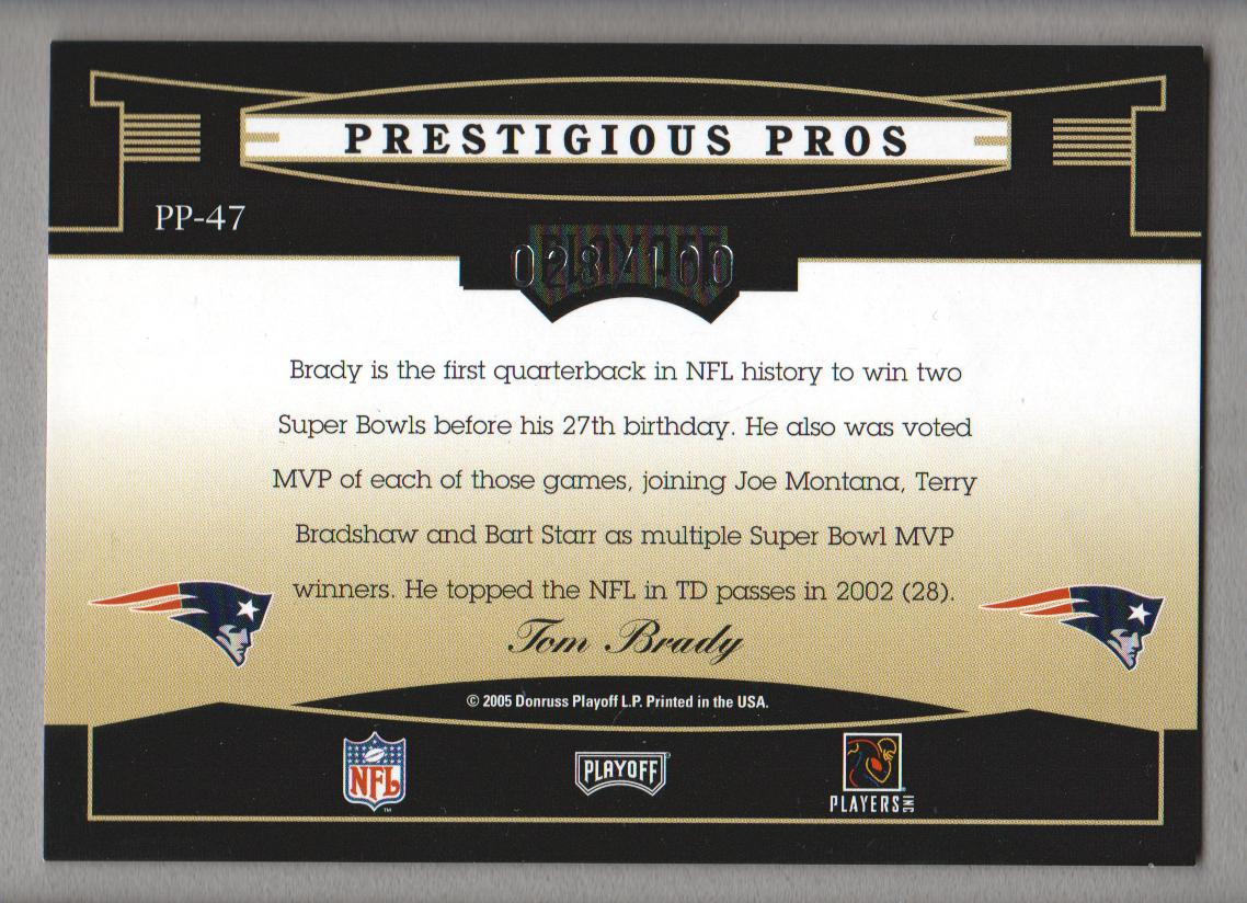 2005 Playoff Prestige Prestigious Pros Purple #PP47 Tom Brady back image