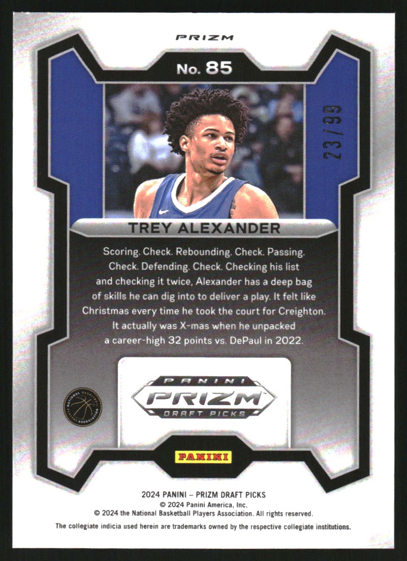 2024-25 Panini Prizm Draft Picks Prizms Blue Ice #85 Trey Alexander
