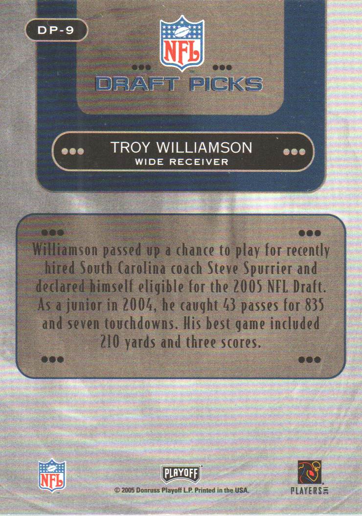 2005 Playoff Prestige Draft Picks #DP9 Troy Williamson back image